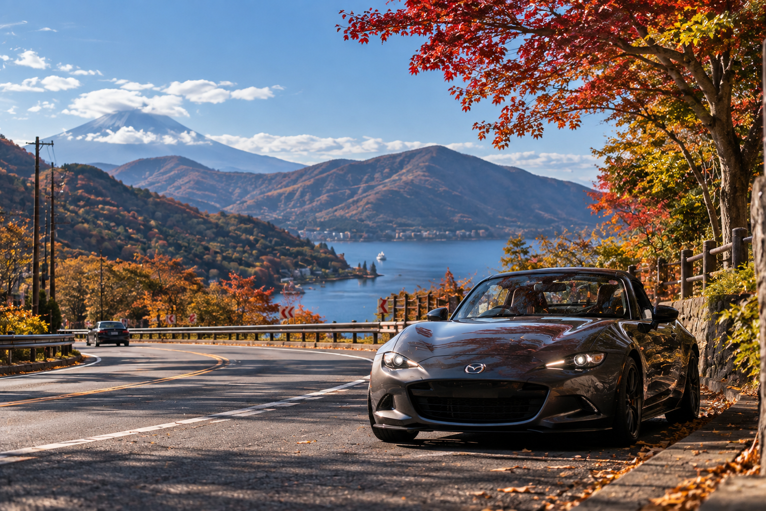 秋の山道と車
