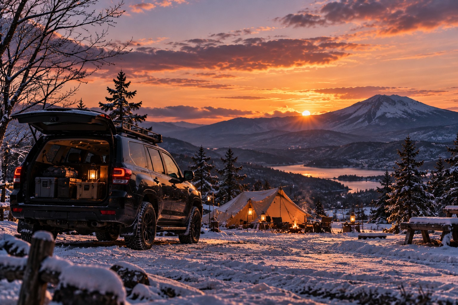 雪山とキャンプを楽しむ車